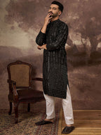 Men Black Silk Blend Solid Embroidered Straight Kurta With Pant Set-MKSET1360
