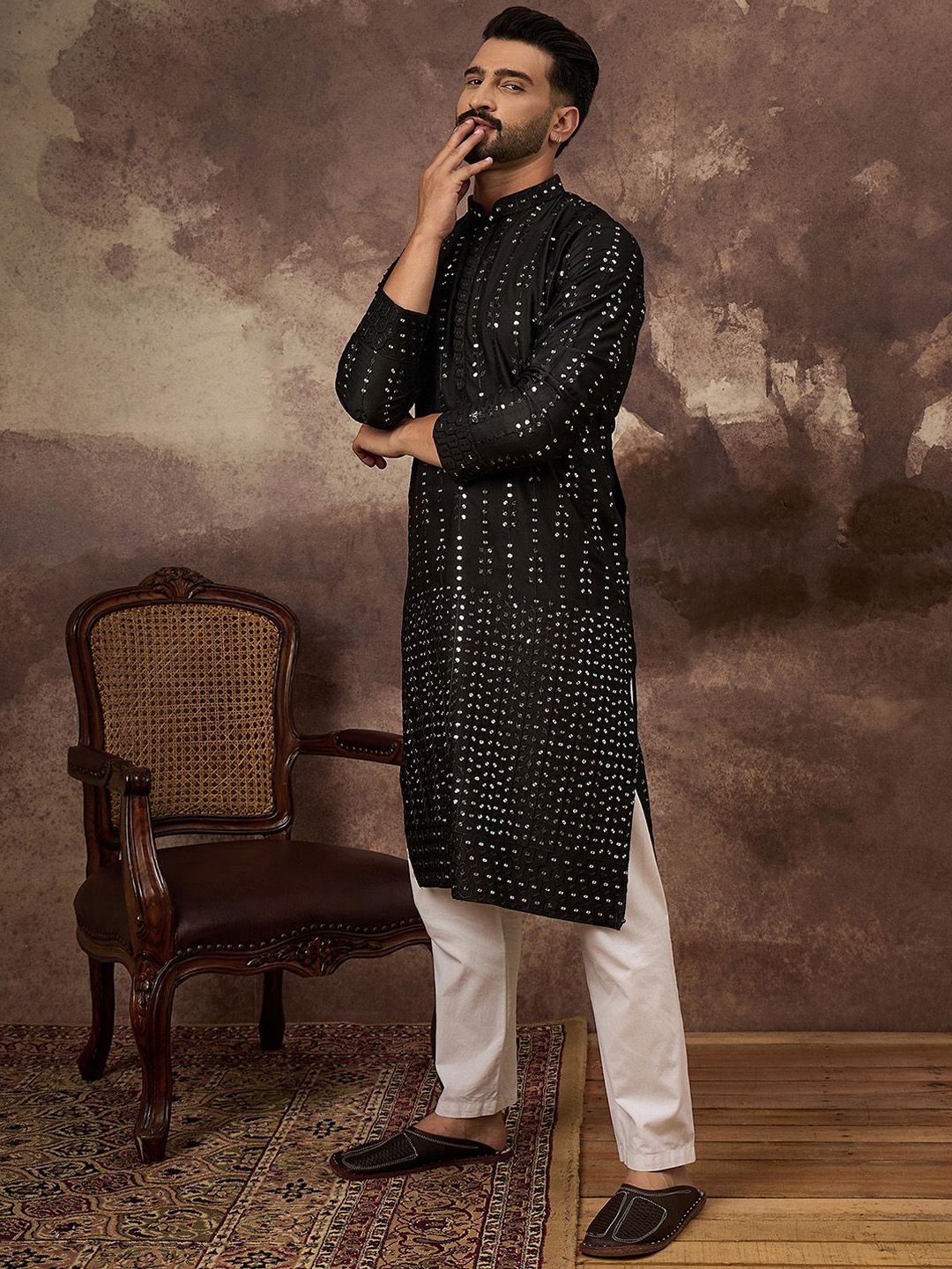 Men Black Silk Blend Solid Embroidered Straight Kurta With Pant Set-MKSET1360
