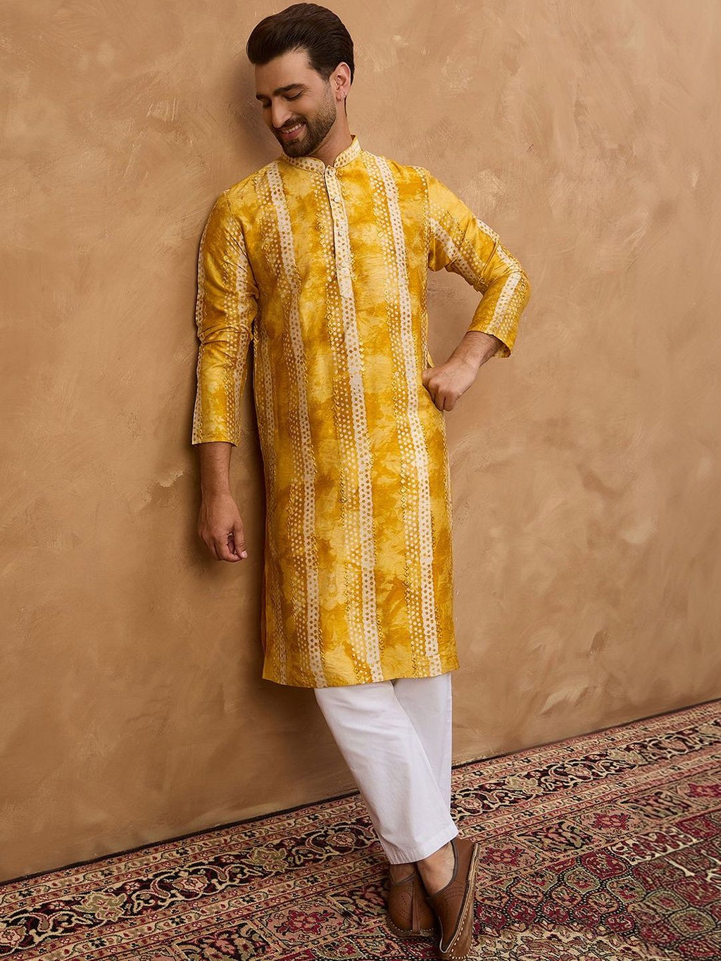 Men Yellow Silk Blend Shibori Embroidered Straight Kurta With Pant Set-MKSET1540