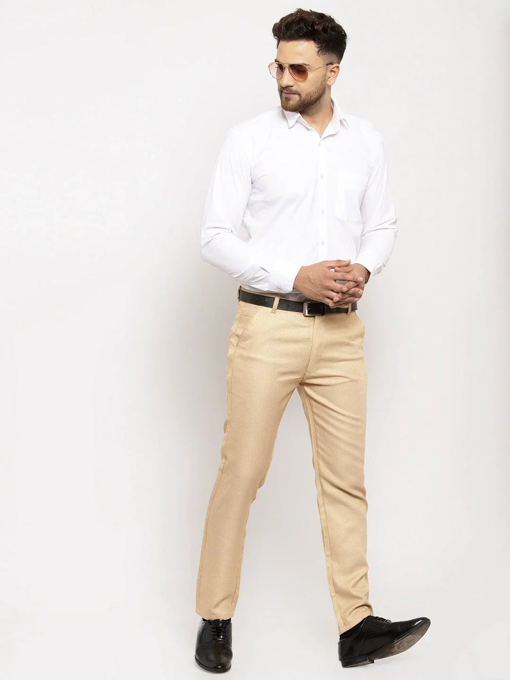Indian Needle Men's Gold Cotton Polka Dots Formal Trousers