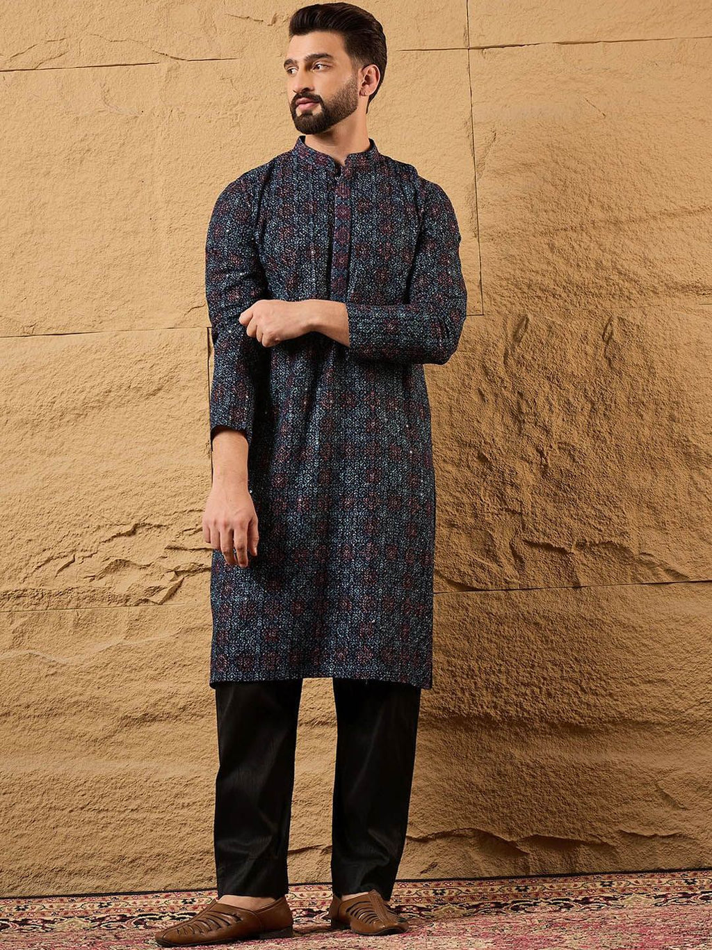 Mens Blue Viscose Rayon Abstract Embroidered Chikankari Straight Kurta With Pant Set-MKSET1172