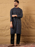 Mens Blue Viscose Rayon Abstract Embroidered Chikankari Straight Kurta With Pant Set-MKSET1172