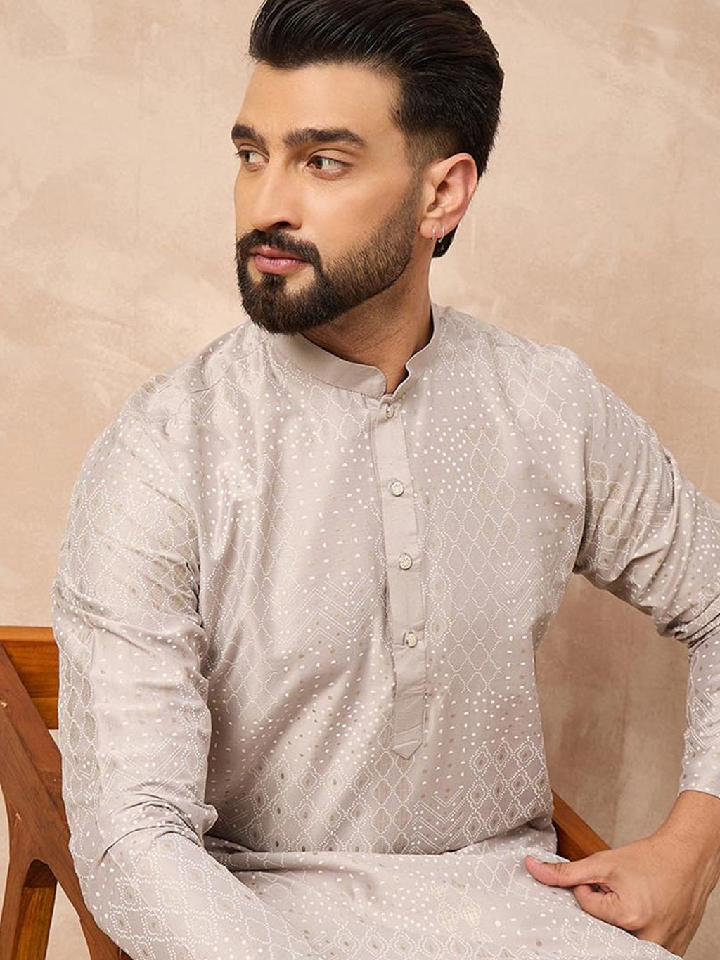 Men Grey Silk Geometric Printed Straight Kurta With Pant Set-MKSET1272