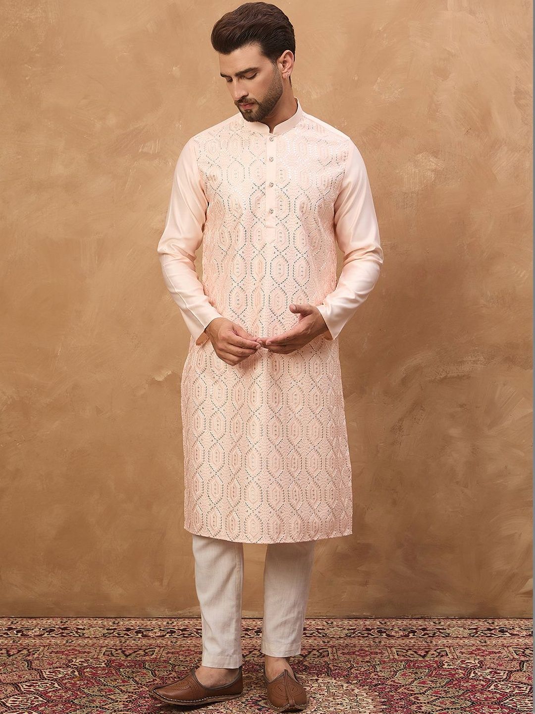 Men Peach Silk Blend Solid Embroidered Straight Kurta With Pant Set-MKSET1431