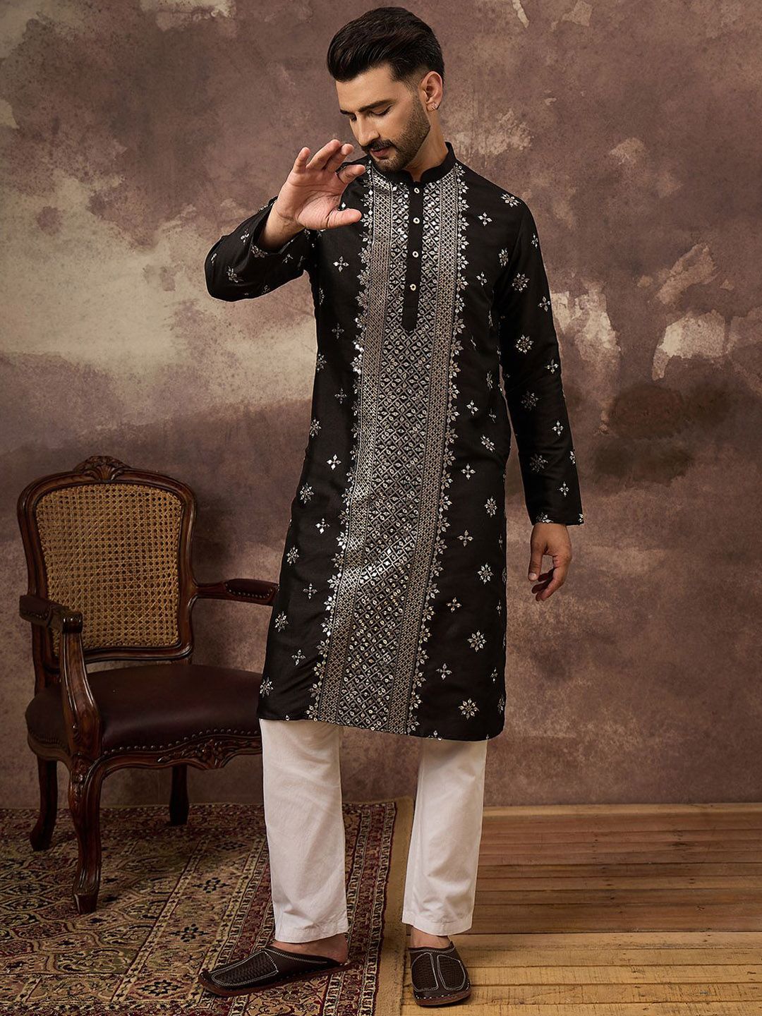 Men Black Silk Blend Solid Embroidered Straight Kurta With Pant Set-MKSET1370