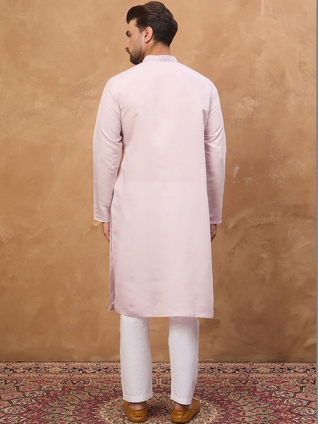 Men Lavender Silk Blend Solid Embroidered Straight Kurta With Pant Set-MKSET1449
