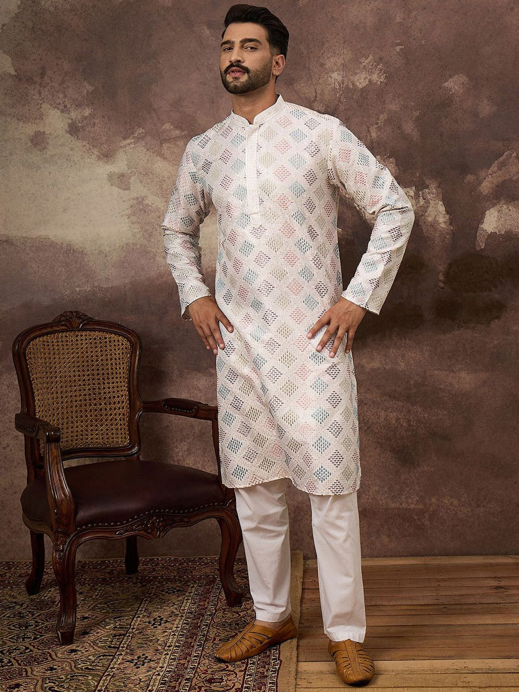 Men White Silk Blend Solid Embroidered Straight Kurta With Pant Set-MKSET1382