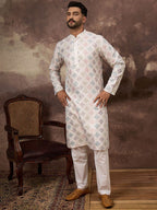Men White Silk Blend Solid Embroidered Straight Kurta With Pant Set-MKSET1382