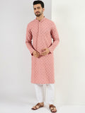 Men Pink Viscose Rayon Embroidered Straight Kurta With Pant Set-MKSET1060
