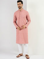 Men Pink Viscose Rayon Embroidered Straight Kurta With Pant Set-MKSET1060