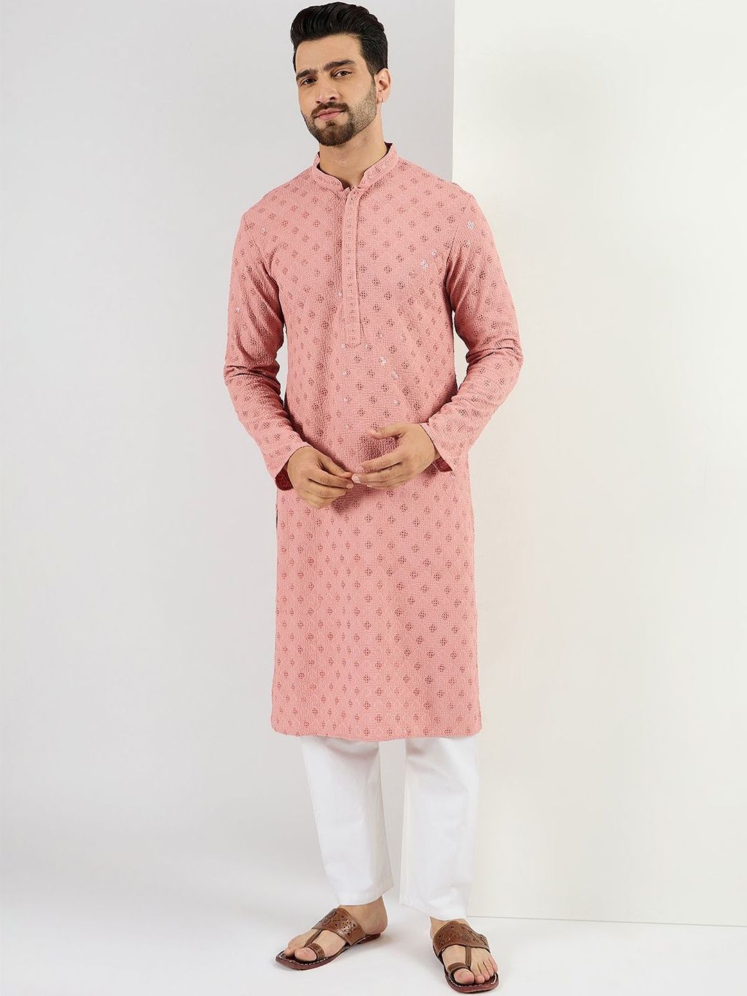 Men Pink Viscose Rayon Embroidered Straight Kurta With Pant Set-MKSET1060