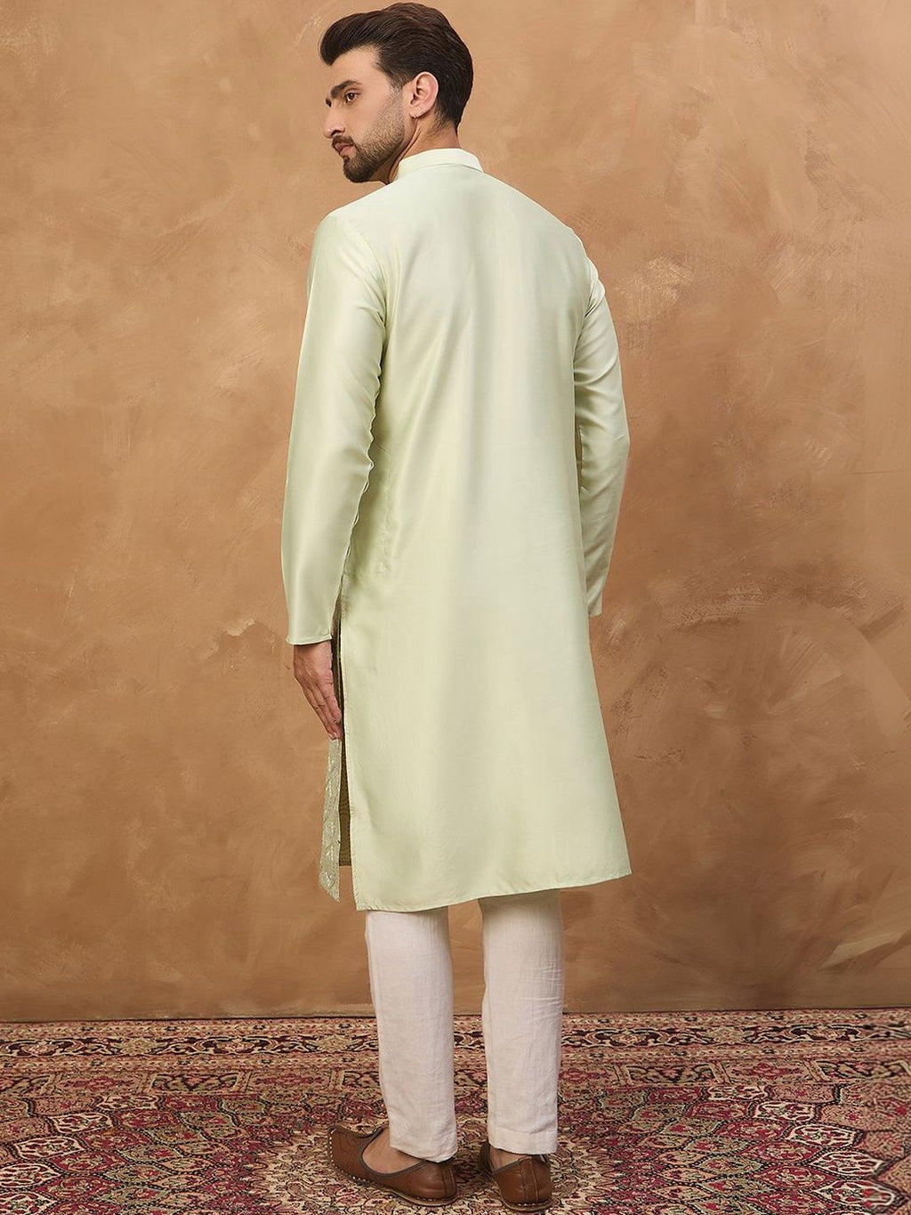 Men Peach Silk Blend Solid Embroidered Straight Kurta With Pant Set-MKSET1445