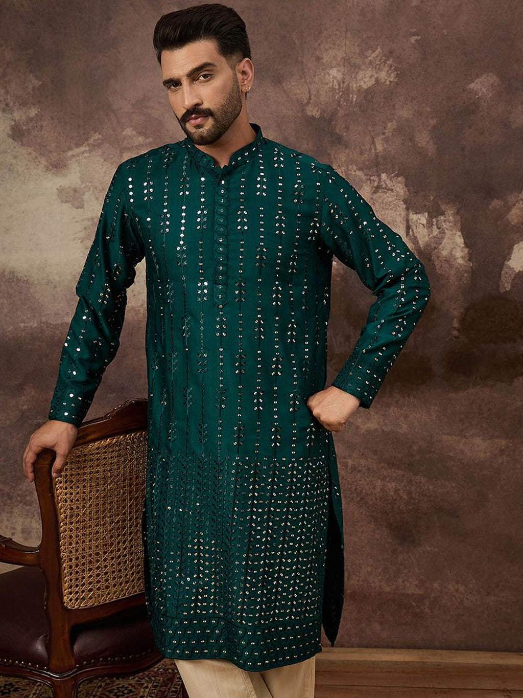 Men Teal Silk Blend Solid Embroidered Straight Kurta With Pant Set-MKSET1357