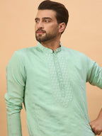 Men Blue Silk Blend Solid Embroidered Straight Kurta With Pant Set-MKSET1508