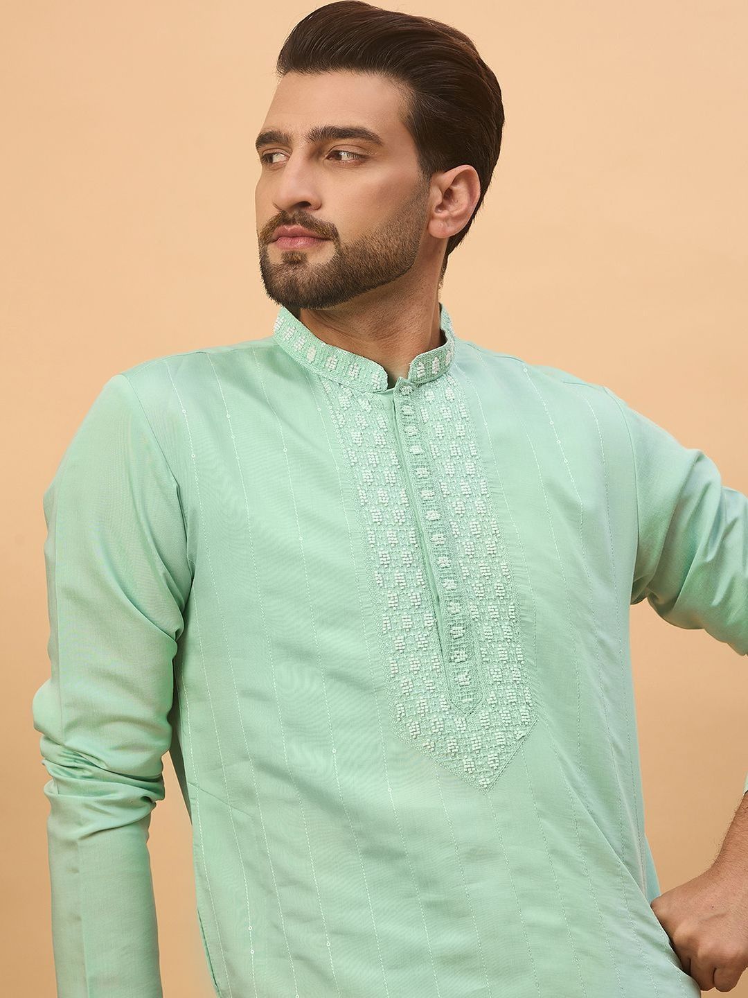 Men Blue Silk Blend Solid Embroidered Straight Kurta With Pant Set-MKSET1508