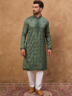 Men Green Silk Blend Geometric Embroidered Straight Kurta With Pant Set-MKSET1517