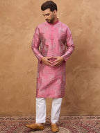 Men Pink Silk Blend Geometric Printed Straight Kurta With Pant Set-MKSET1526