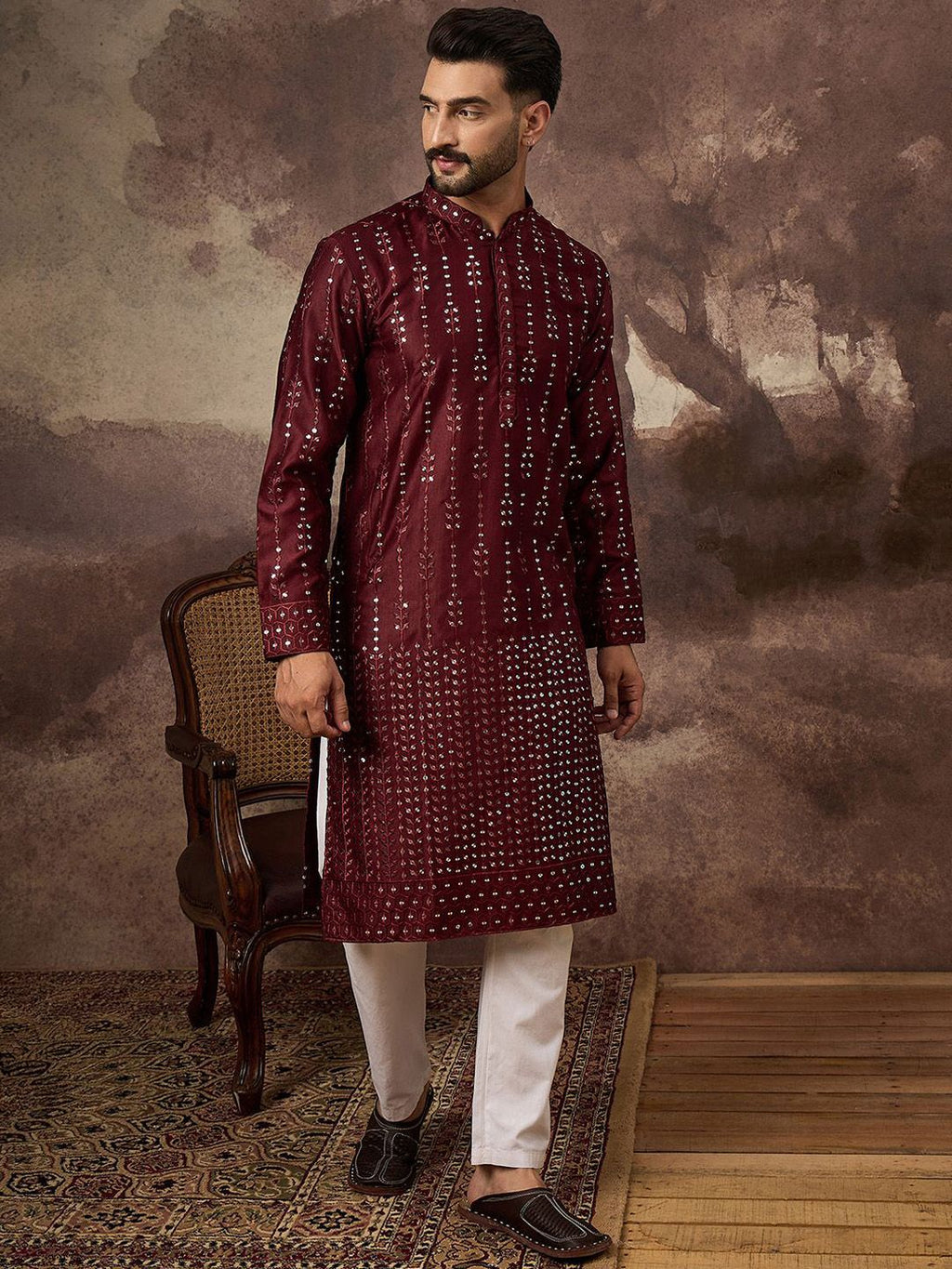 Men Maroon Silk Blend Solid Embroidered Straight Kurta With Pant Set-MKSET1361