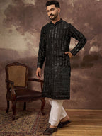 Men Black Silk Blend Solid Embroidered Straight Kurta With Pant Set-MKSET1360