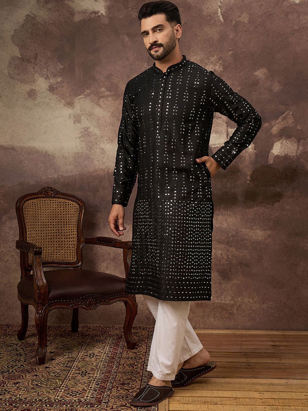 Men Black Silk Blend Solid Embroidered Straight Kurta With Pant Set-MKSET1360