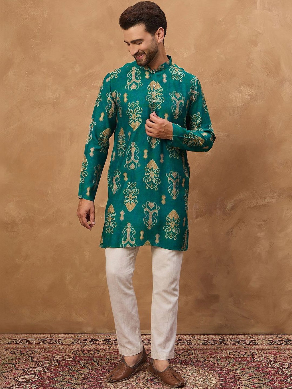 Men Blue Viscose Rayon Ikat Printed Straight Kurta With Pant Set-MKSET1546