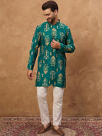 Men Blue Viscose Rayon Ikat Printed Straight Kurta With Pant Set-MKSET1546