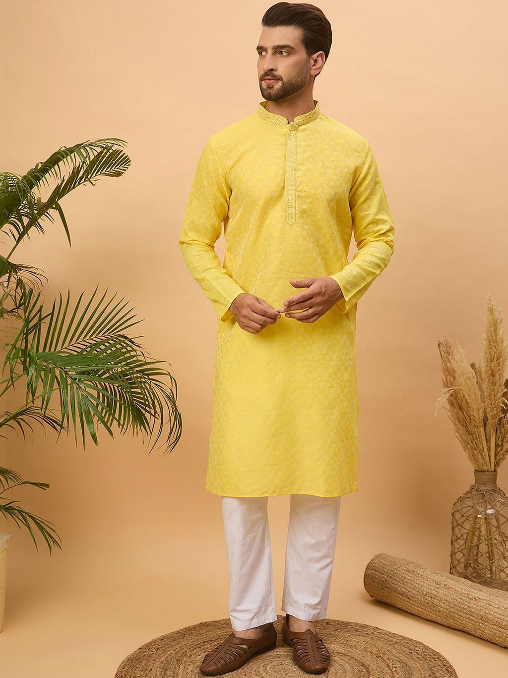 Men Yellow Silk Blend Solid Embroidered Straight Kurta With Pant Set-MKSET1455