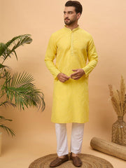 Men Yellow Silk Blend Solid Embroidered Straight Kurta With Pant Set-MKSET1455