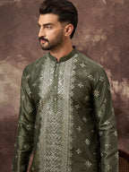 Men Green Silk Blend Solid Embroidered Straight Kurta With Pant Set-MKSET1419