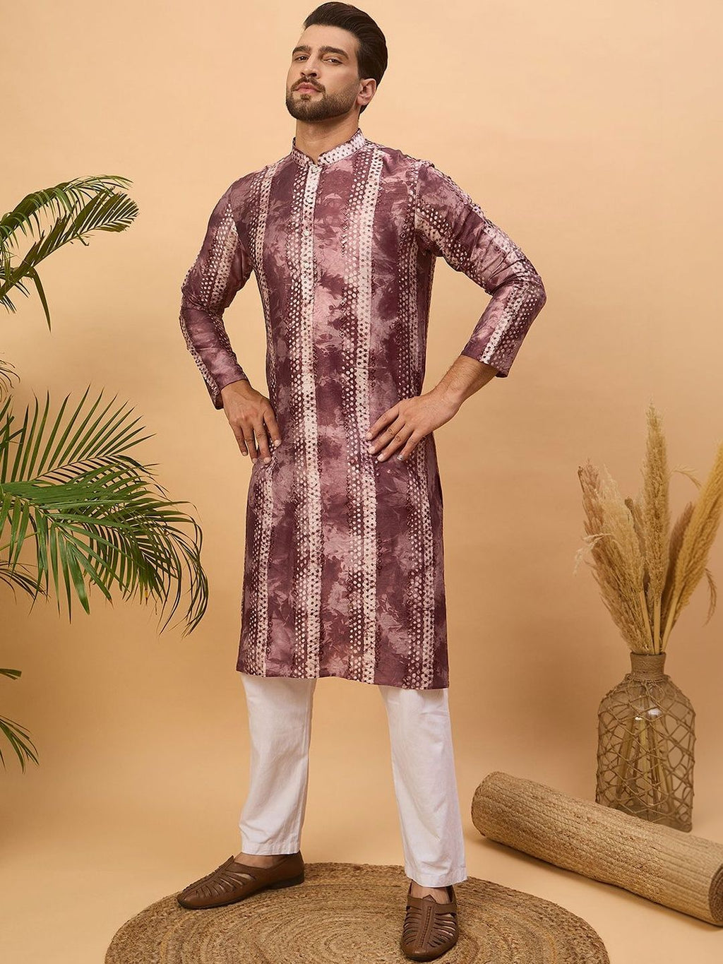 Men Burgundy Silk Blend Shibori Embroidered Straight Kurta With Pant Set-MKSET1537