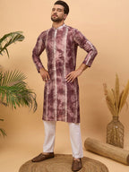 Men Burgundy Silk Blend Shibori Embroidered Straight Kurta With Pant Set-MKSET1537