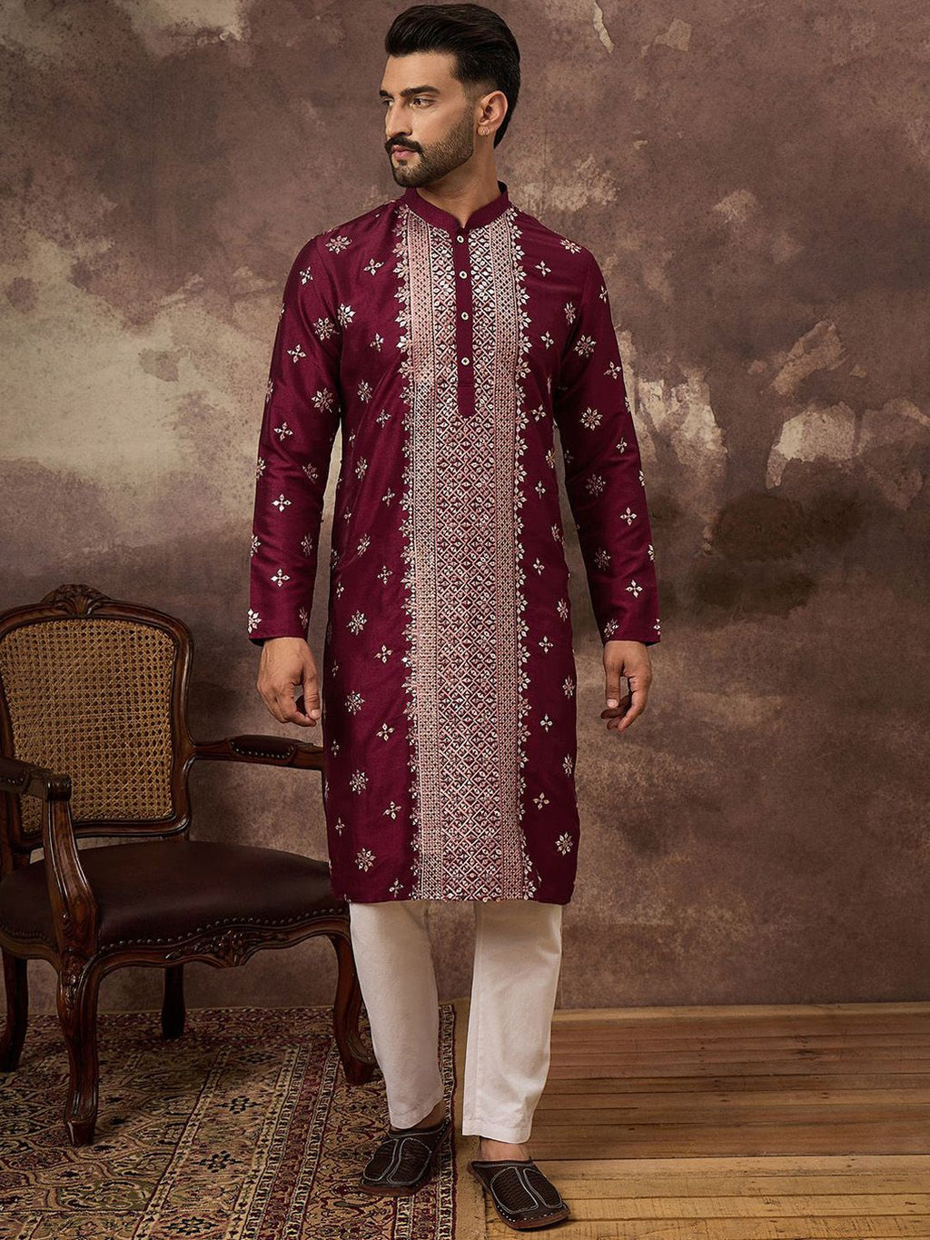 Men Maroon Silk Blend Solid Embroidered Straight Kurta With Pant Set-MKSET1369