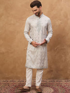 Men Grey Silk Blend Solid Embroidered Straight Kurta With Pant Set-MKSET1438