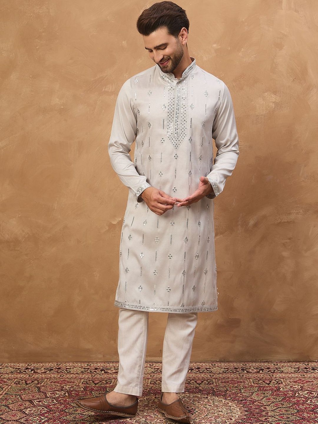 Men Grey Silk Blend Solid Embroidered Straight Kurta With Pant Set-MKSET1438