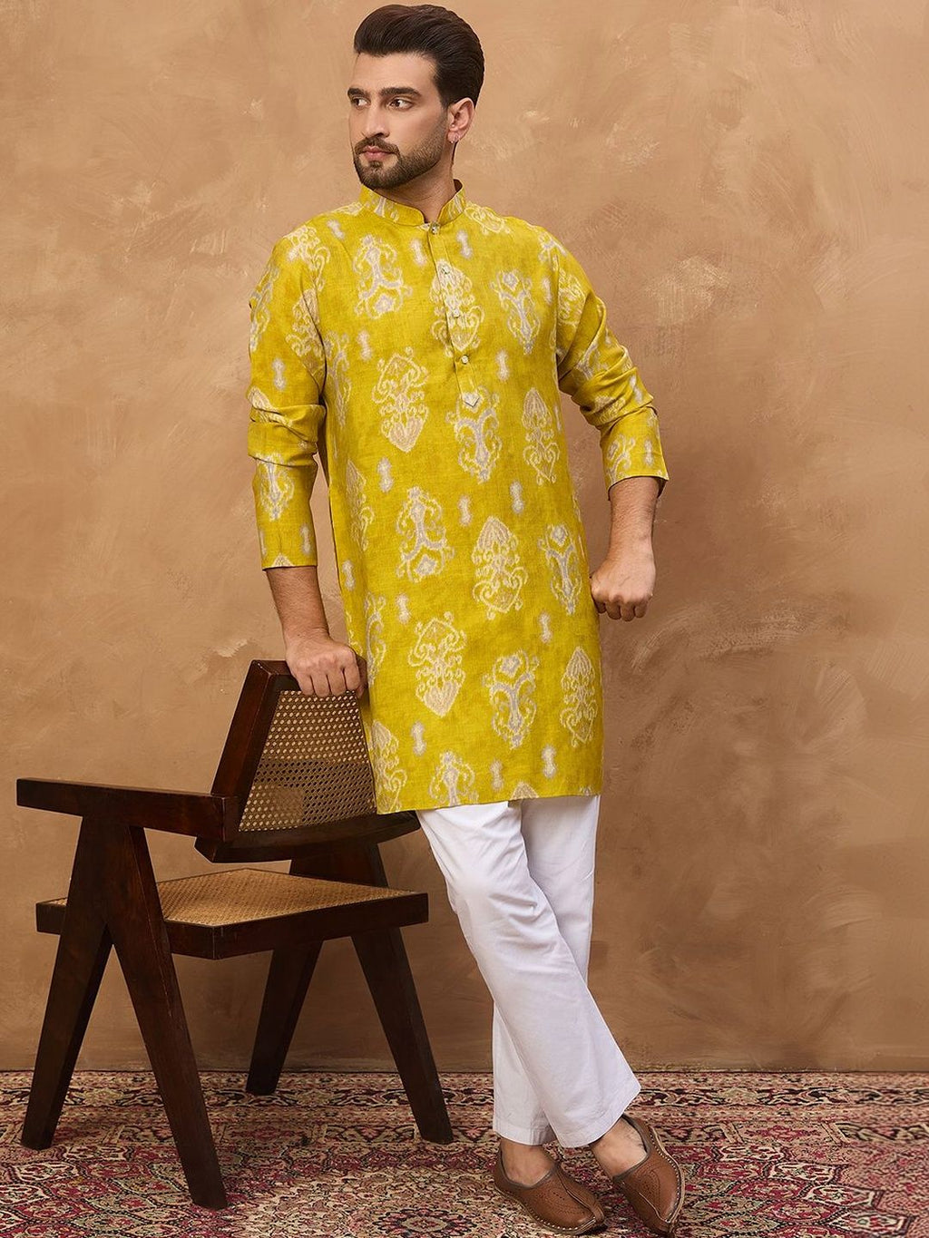 Men Yellow Viscose Rayon Ikat Printed Straight Kurta With Pant Set-MKSET1543