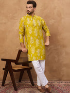 Men Yellow Viscose Rayon Ikat Printed Straight Kurta With Pant Set-MKSET1543