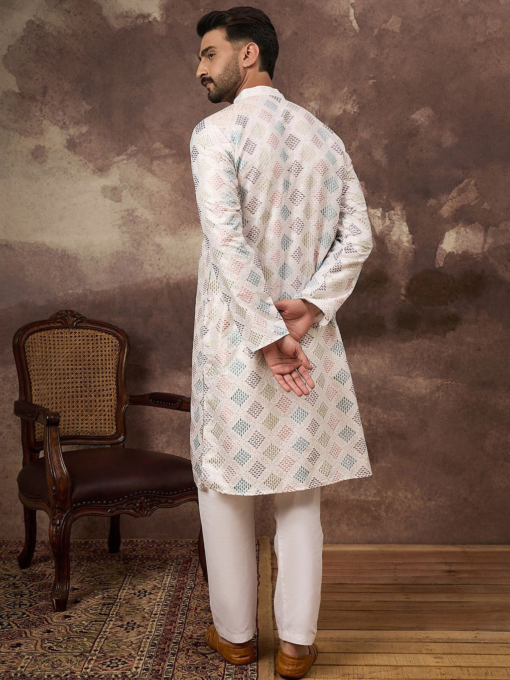 Men White Silk Blend Solid Embroidered Straight Kurta With Pant Set-MKSET1382