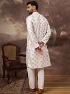 Men White Silk Blend Solid Embroidered Straight Kurta With Pant Set-MKSET1382