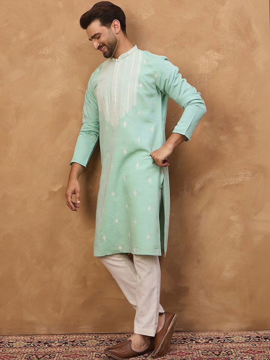 Men Blue Silk Blend Solid Embroidered Straight Kurta With Pant Set-MKSET1511