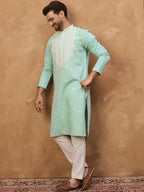 Men Blue Silk Blend Solid Embroidered Straight Kurta With Pant Set-MKSET1511