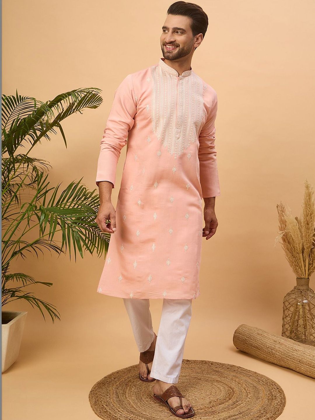 Men Peach Silk Blend Solid Embroidered Straight Kurta With Pant Set-MKSET1510