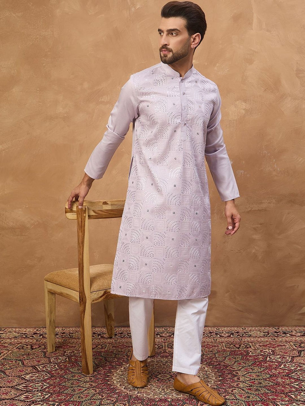 Men Lavender Silk Blend Solid Embroidered Straight Kurta With Pant Set-MKSET1443