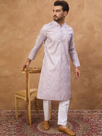 Men Lavender Silk Blend Solid Embroidered Straight Kurta With Pant Set-MKSET1443