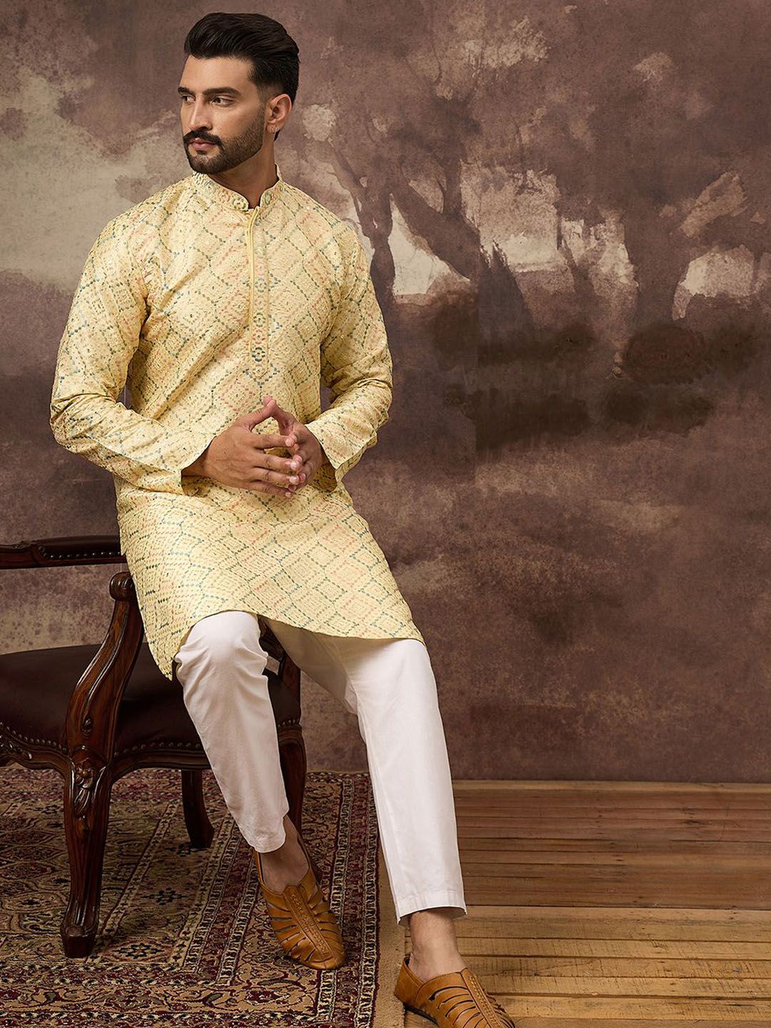 Men Yellow Silk Blend Solid Embroidered Straight Kurta With Pant Set-MKSET1383
