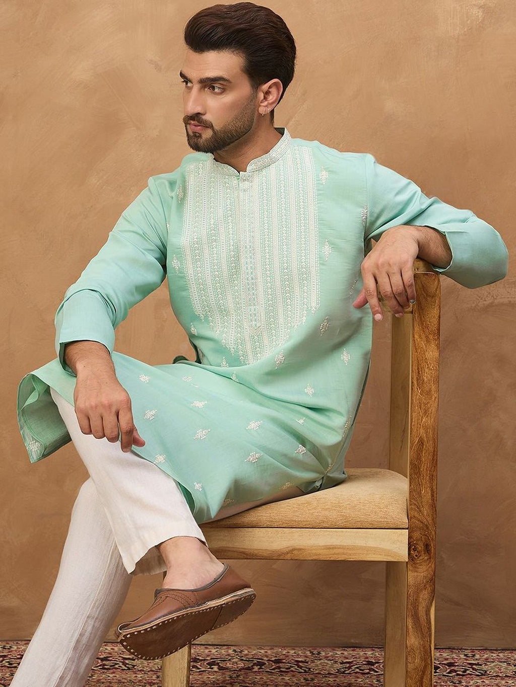 Men Blue Silk Blend Solid Embroidered Straight Kurta With Pant Set-MKSET1511