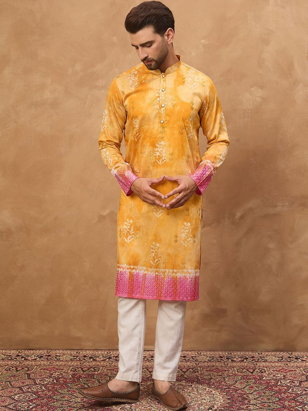 Men Yellow Silk Blend Batik Embroidered Straight Kurta With Pant Set-MKSET1513