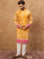 Men Yellow Silk Blend Batik Embroidered Straight Kurta With Pant Set-MKSET1513