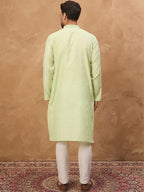 Men Green Silk Blend Solid Embroidered Straight Kurta With Pant Set-MKSET1451