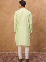 Men Green Silk Blend Solid Embroidered Straight Kurta With Pant Set-MKSET1451