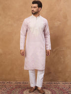 Men Lavender Silk Blend Solid Embroidered Straight Kurta With Pant Set-MKSET1448